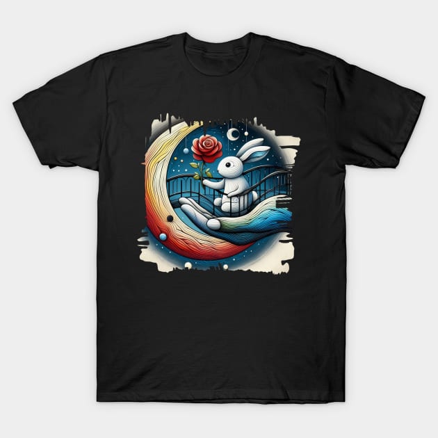 Illustration of a Rabbit stands on a bridge and gives a rose to the moon. T-Shirt by zinfulljourney